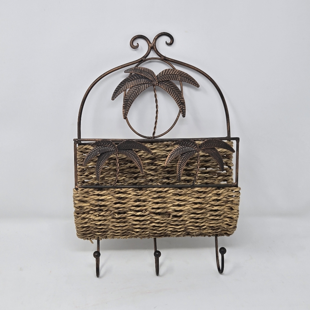 Metal WALL Hanging WOVEN BASKET Palm Tree Wicker Decor Letter Recipe Keys Holder